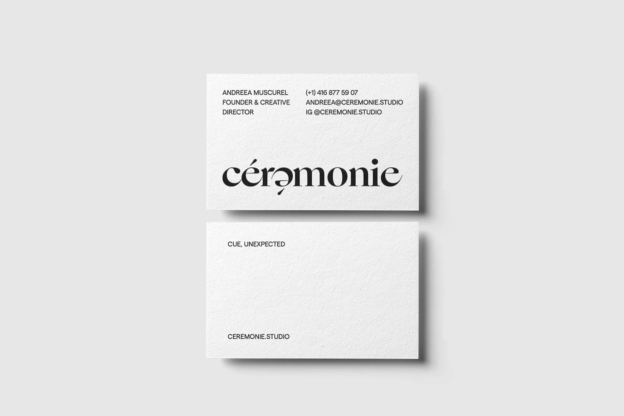 Two business cards with the company name 'Ceremonie' and contact information, set against a light gray background.