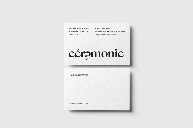 Two business cards with the company name 'Ceremonie' and contact information, set against a light gray background.