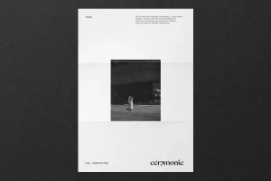 Minimalist brand identity poster layout featuring a centered black and white photographic insert against textured black paper.
