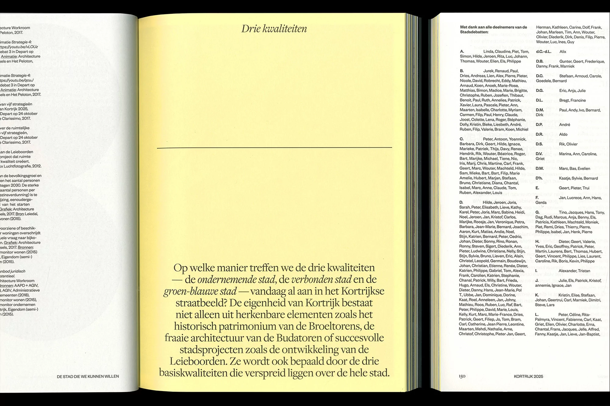 Open book with text in Dutch featuring titles 'Drie kwaliteiten' and 'Op welke manier treffen we de drie kwaliteiten'.