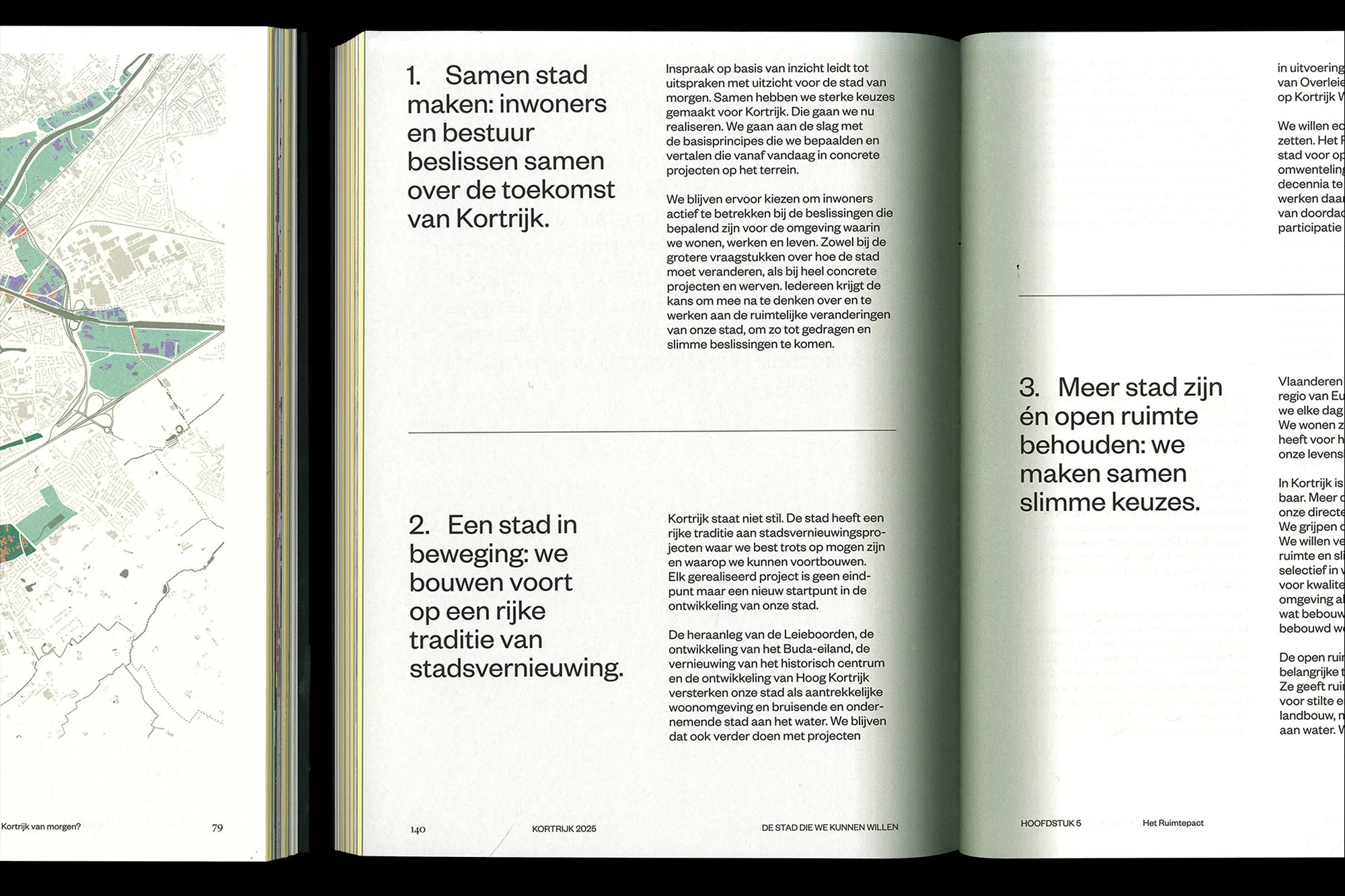 Two pages from 'Kortrijk 2025' book showing urban planning text, map of Kortrijk, Belgium, and concept statements.