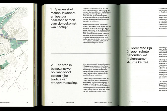 Two pages from 'Kortrijk 2025' book showing urban planning text, map of Kortrijk, Belgium, and concept statements.