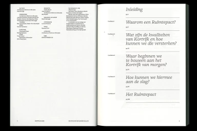 Open book spread showing two pages of Dutch typography, index of contents on the right, and credits on the left.