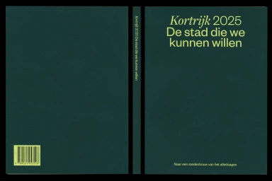 Dark green book cover with pale yellow serif typography and a barcode on the back by Ward Heirwegh.