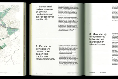 Open book pages featuring Dutch typography layout and urban planning maps for the Kortrijk brand identity project