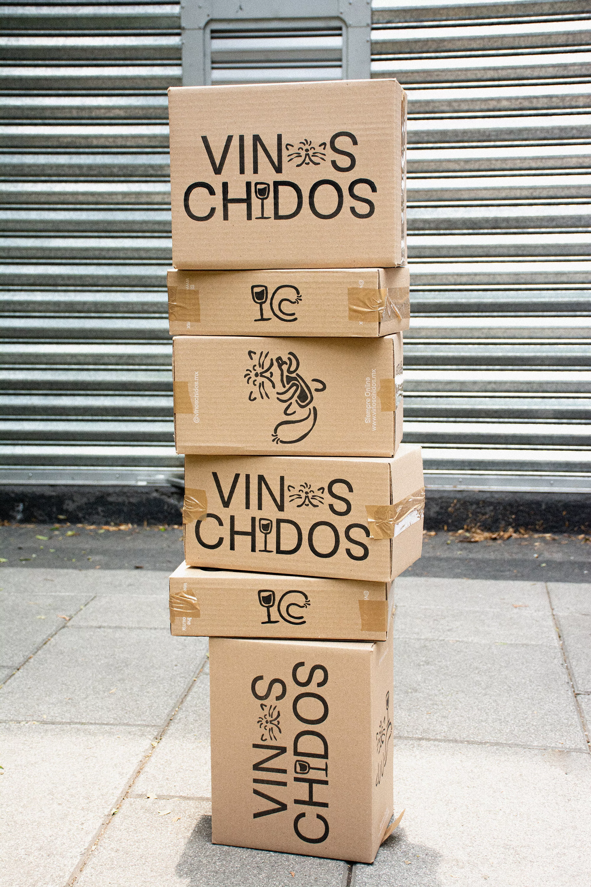 Stacked cardboard boxes with 'VINOS CHIDOS' text and graphic on stone pavement against a metal garage door background.