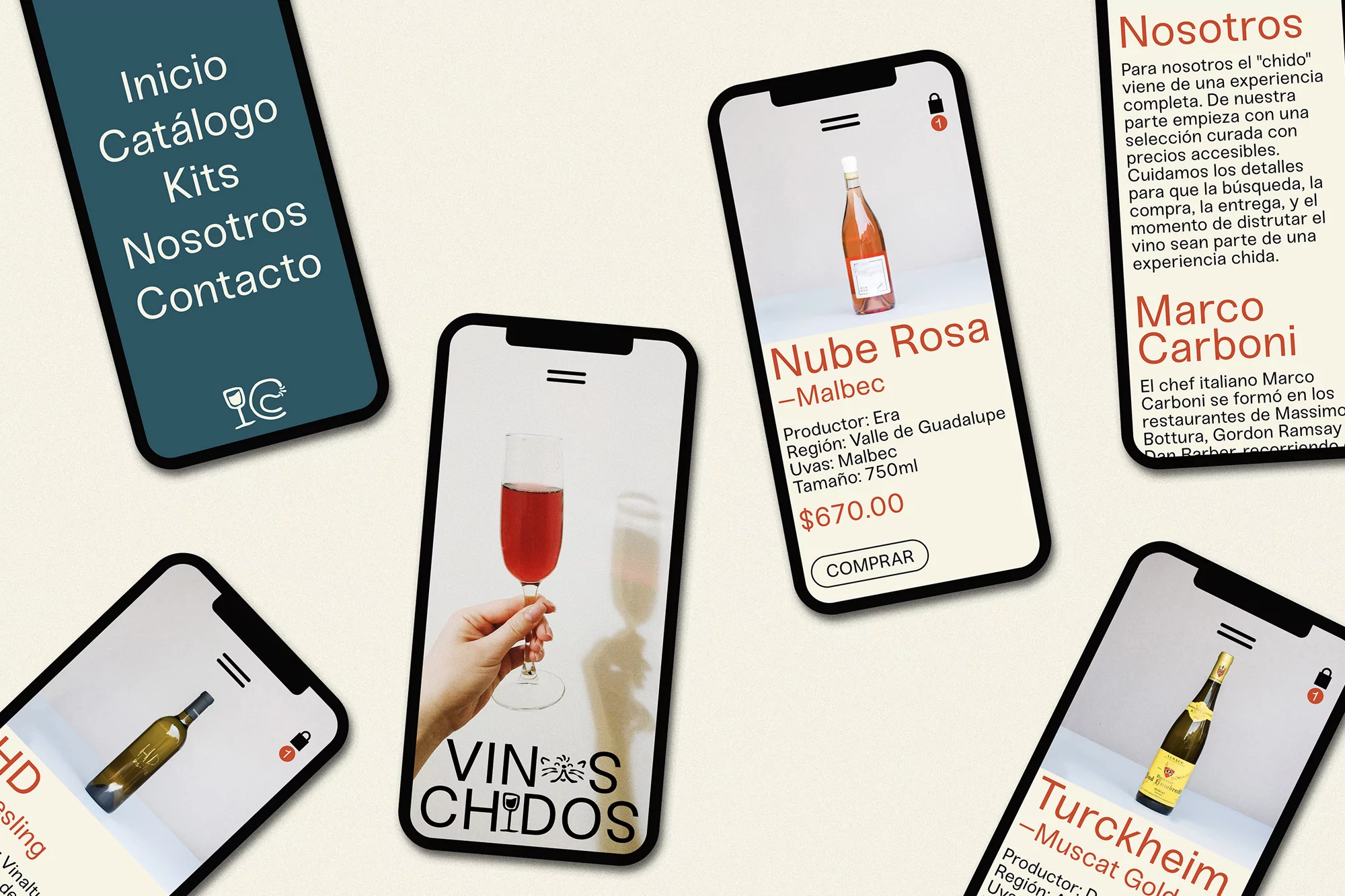 Wine website presented on smartphone screens, showcasing wine bottles and text menus in a promotional layout, on a neutral background.