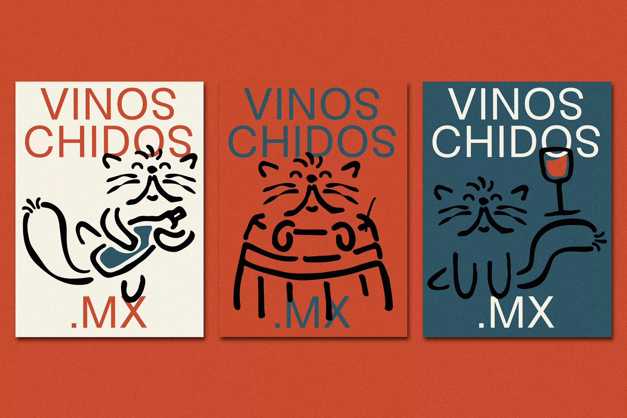 Three illustrated posters with stylized cats holding wine glasses and bottles on a textured orange background with text reading 'VINOS CHIDOS .MX'.