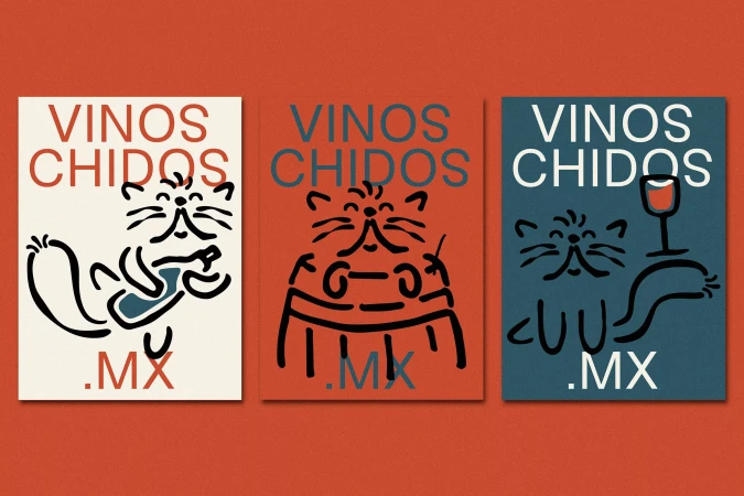 Three illustrated posters with stylized cats holding wine glasses and bottles on a textured orange background with text reading 'VINOS CHIDOS .MX'.