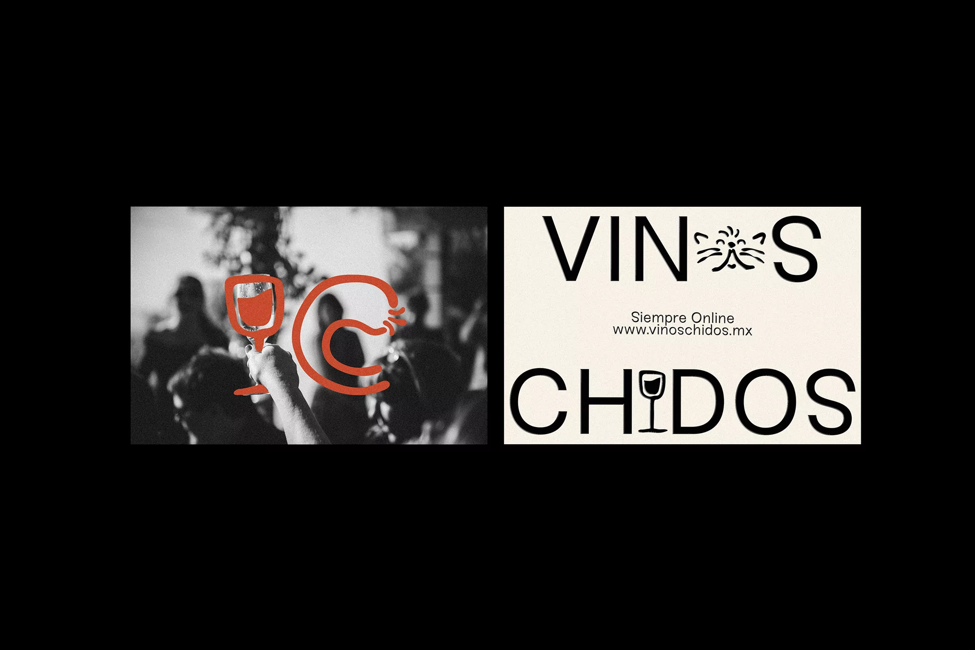Wine company advertisement featuring an event and a brand logo with bold text and graphic design elements.
