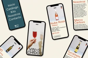 Multiple smartphone mockups displaying mobile e-commerce interface designs for wine brand Vinos Chidos on light background