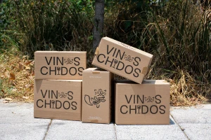 Stacked cardboard shipping boxes with Vinos Chidos branding resting on outdoor pavement near dry grass and foliage.