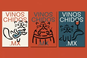 Three vertical graphic posters featuring playful cat illustrations holding wine bottles against cream, terracotta, and blue backgrounds.