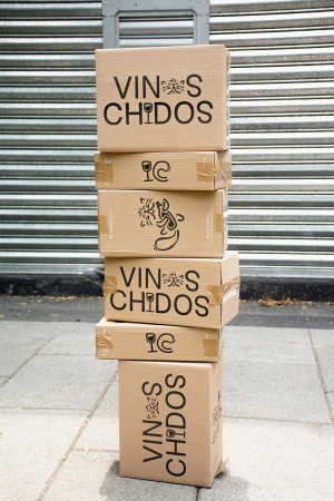 A tall stack of branded cardboard shipping boxes for Vinos Chidos resting on a concrete sidewalk.