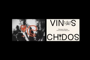 Vinos Chidos brand identity featuring a black and white photograph and typographic logo with a cat motif and wine glass icon