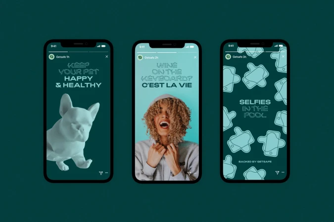 Three phone screens displaying graphic designs: a dog, a woman, and abstract shapes, all set against a teal background.