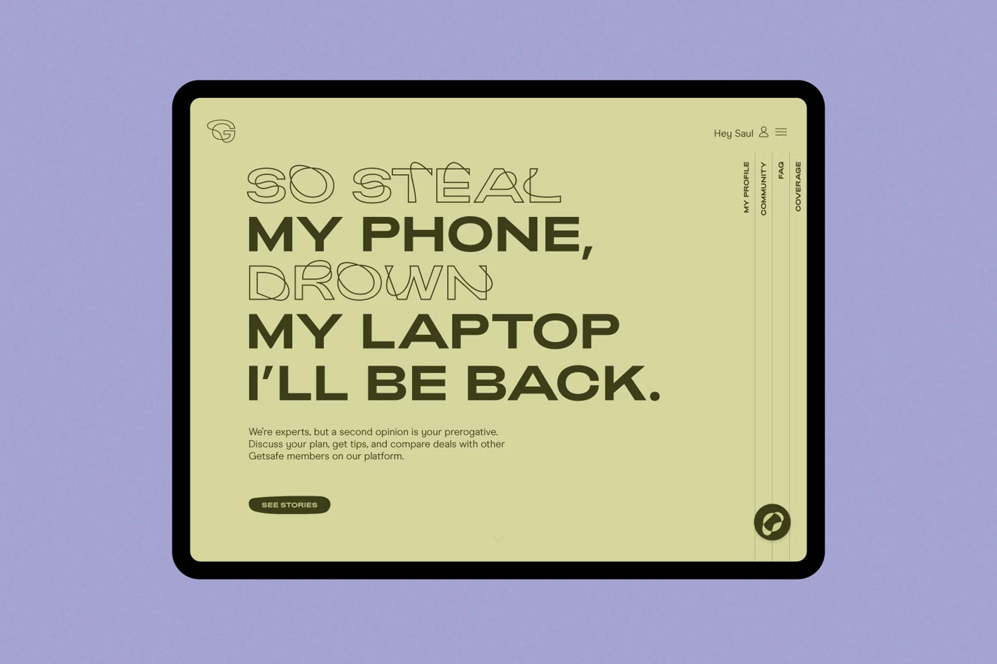 Digital tablet displays a website with text and interface elements on a solid lavender background, showcasing screen design and UI.