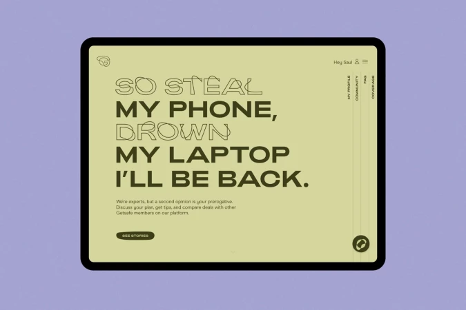 Digital tablet displays a website with text and interface elements on a solid lavender background, showcasing screen design and UI.