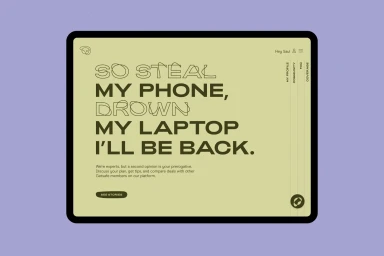 Digital tablet displaying UI interface with bold typography against solid light purple background