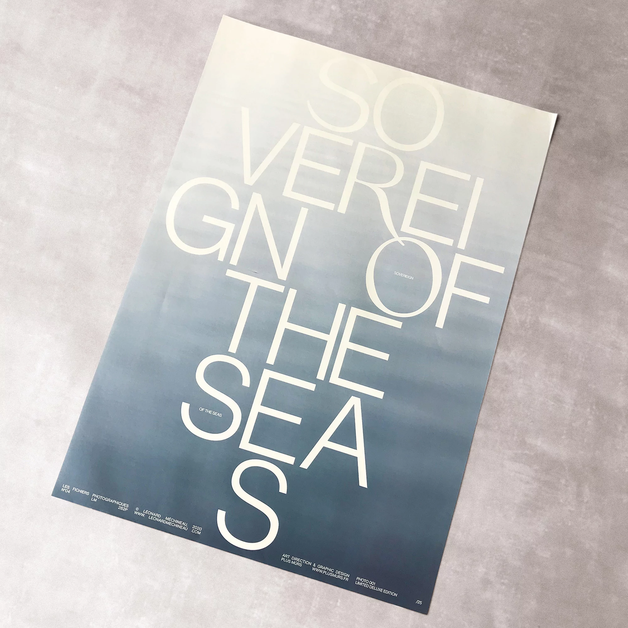 Poster featuring a gradient from white to blue with bold white text that reads 'Sovereign of the Seas' on a light grey background.