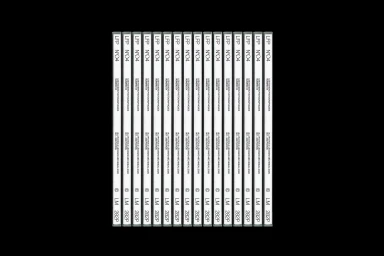 An array of fourteen identical publication spines aligned vertically against a solid black background.