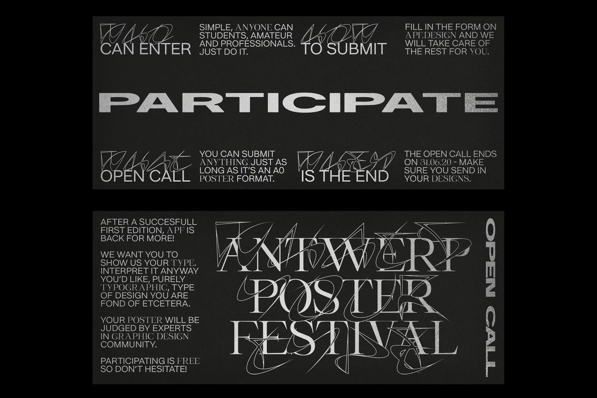 Art poster features bold typography and text promoting the Antwerp Poster Festival and an open call for submissions; black background.