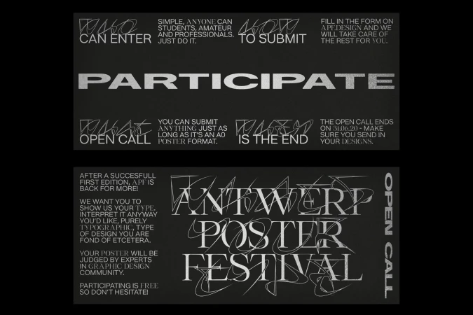 Art poster features bold typography and text promoting the Antwerp Poster Festival and an open call for submissions; black background.