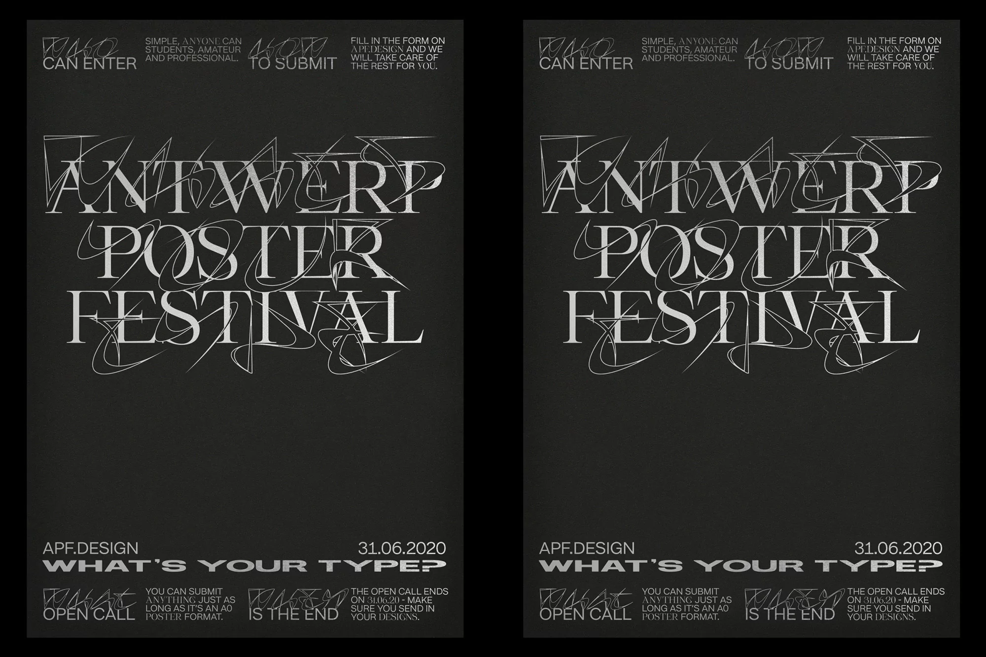 Double poster features typography for the 'Antwerp Poster Festival,' promoting an open call for submissions; the event is slated for June 31, 2020.