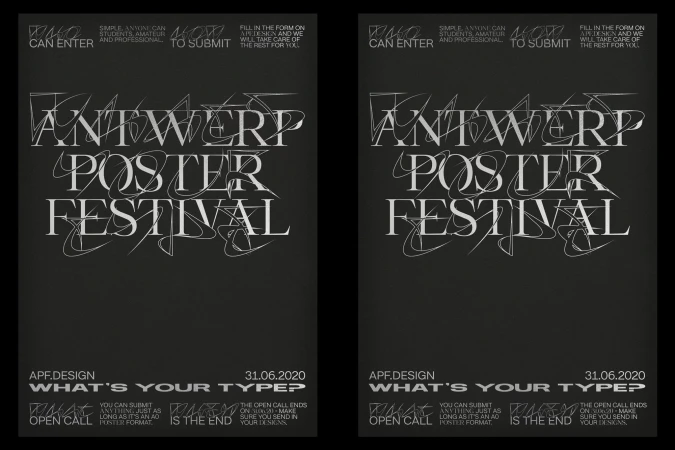 Double poster features typography for the 'Antwerp Poster Festival,' promoting an open call for submissions; the event is slated for June 31, 2020.