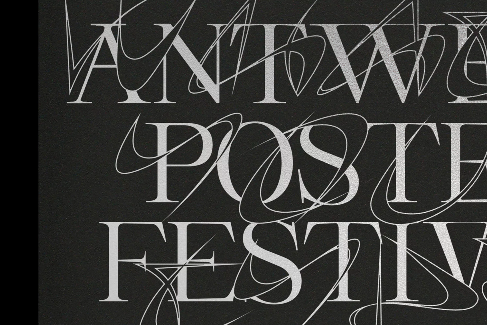 Text-based abstract poster with silver sans-serif typography on a black background with swirling graphic lines, designed for a festival.