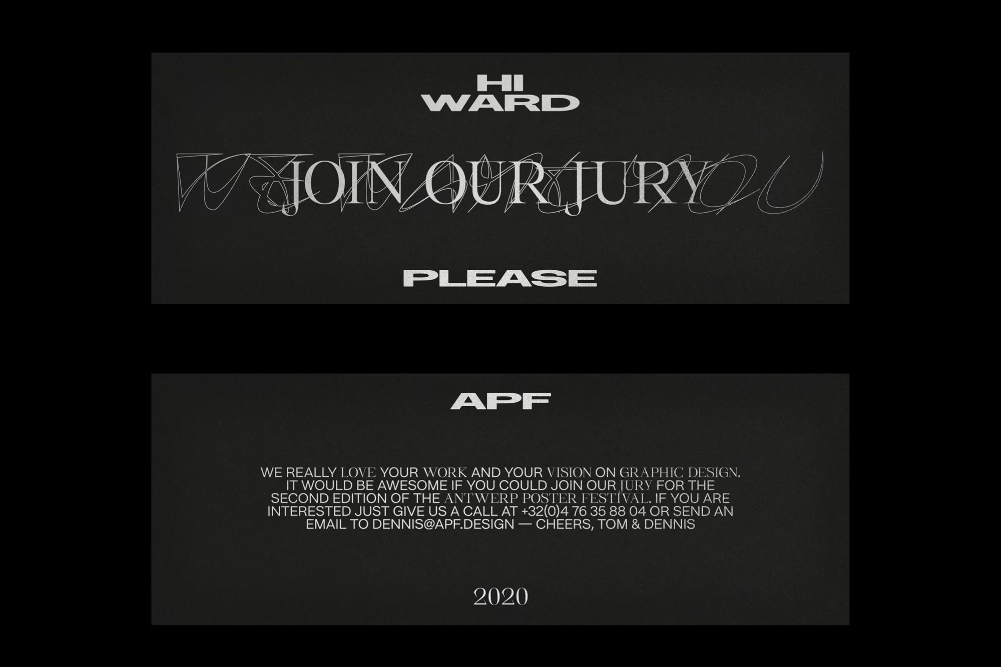 Black and white graphic design featuring typography with call to join our jury, plus APF branding and edition information.