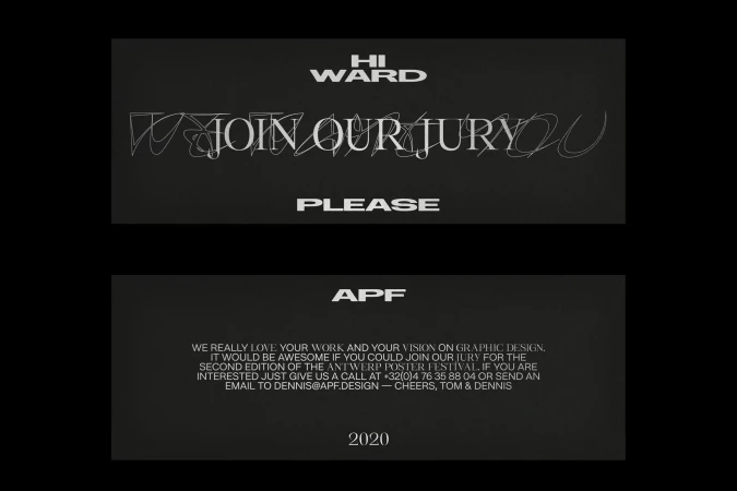 Black and white graphic design featuring typography with call to join our jury, plus APF branding and edition information.