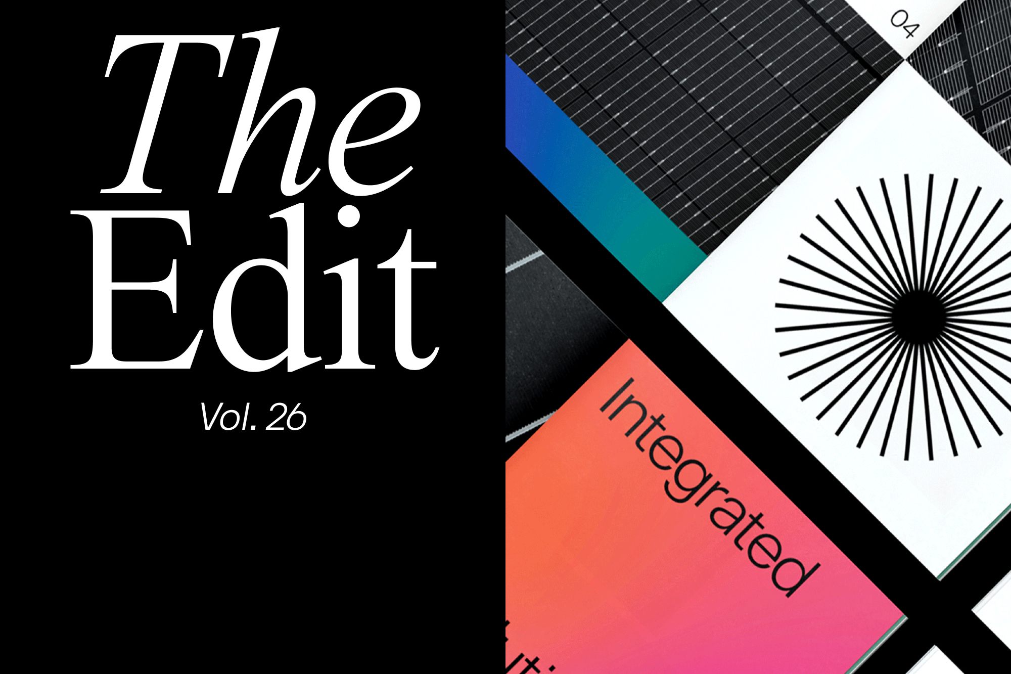 Abstract graphic design featuring geometric shapes, including lines, circles, gradients, and text on a black and white background.