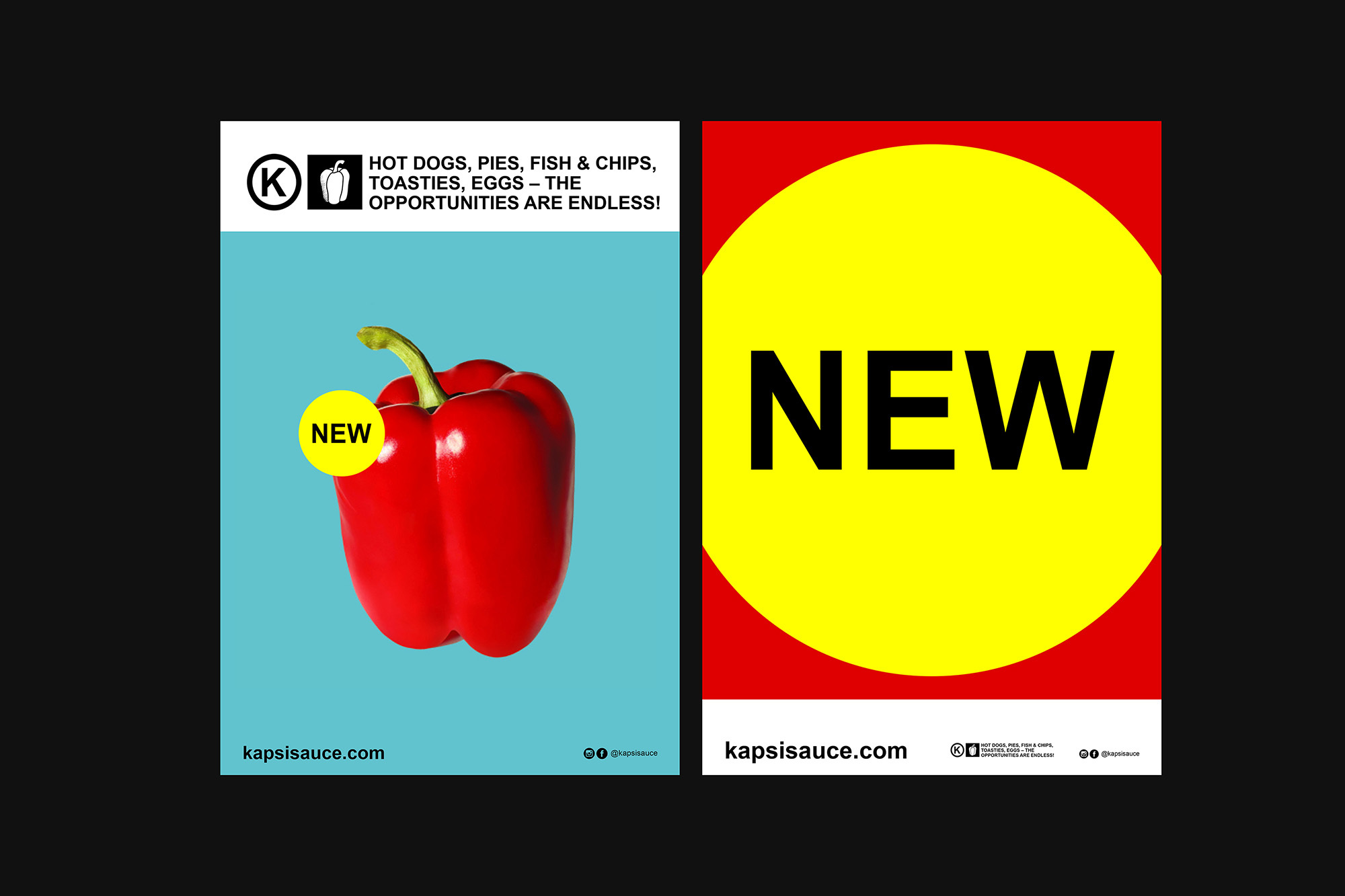 Advertisement featuring a red bell pepper with a yellow 'NEW' sticker on a blue background, along with a red sign with a yellow circle and 'NEW' text.