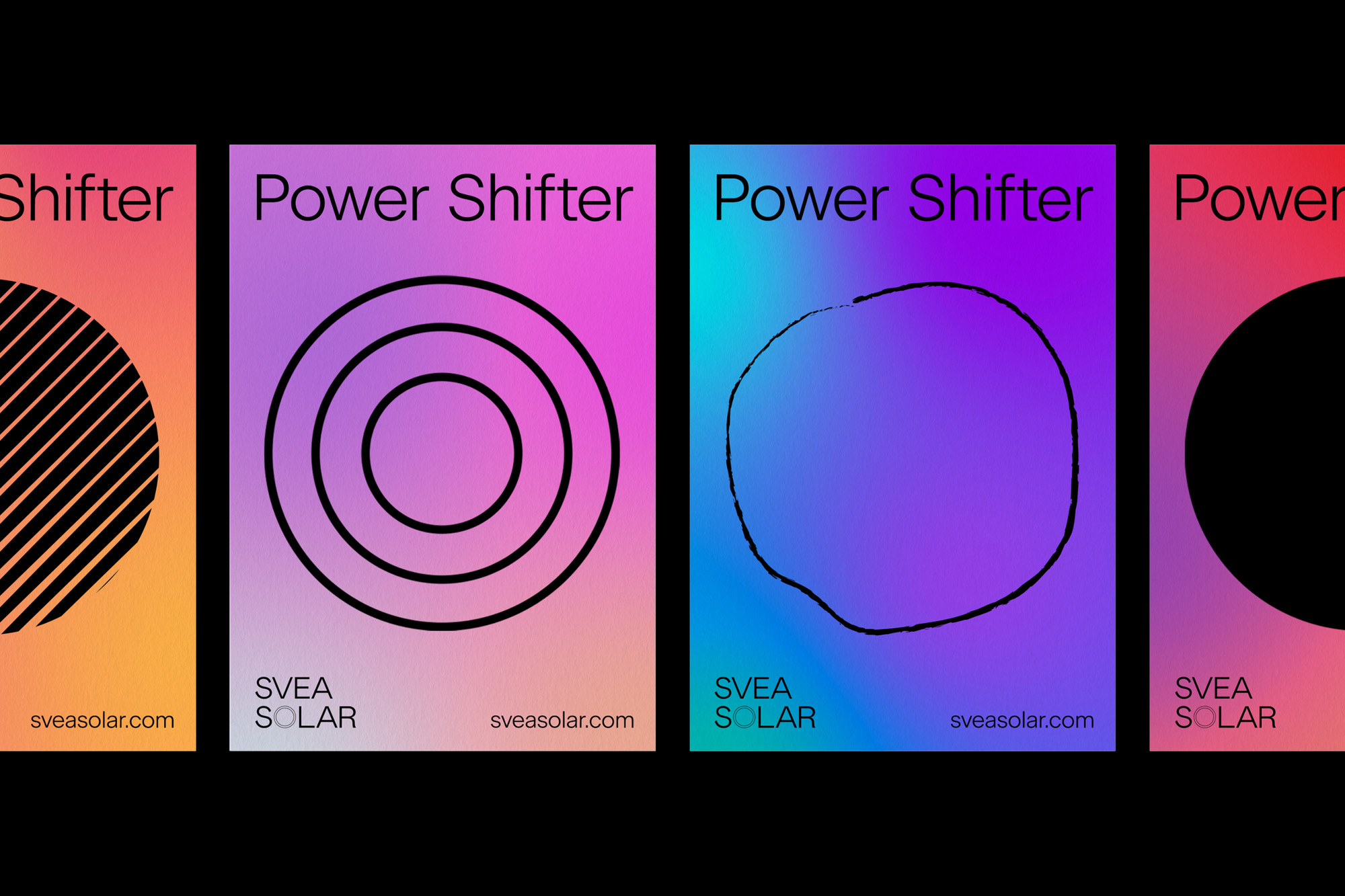 Four abstract posters with circles and lines on gradient backgrounds of orange, pink, purple, and blue, and sveasolar.com text.