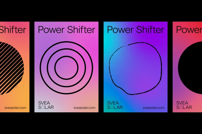 Four vertical posters featuring gradient backgrounds and black graphic shapes with the text Power Shifter and Svea Solar