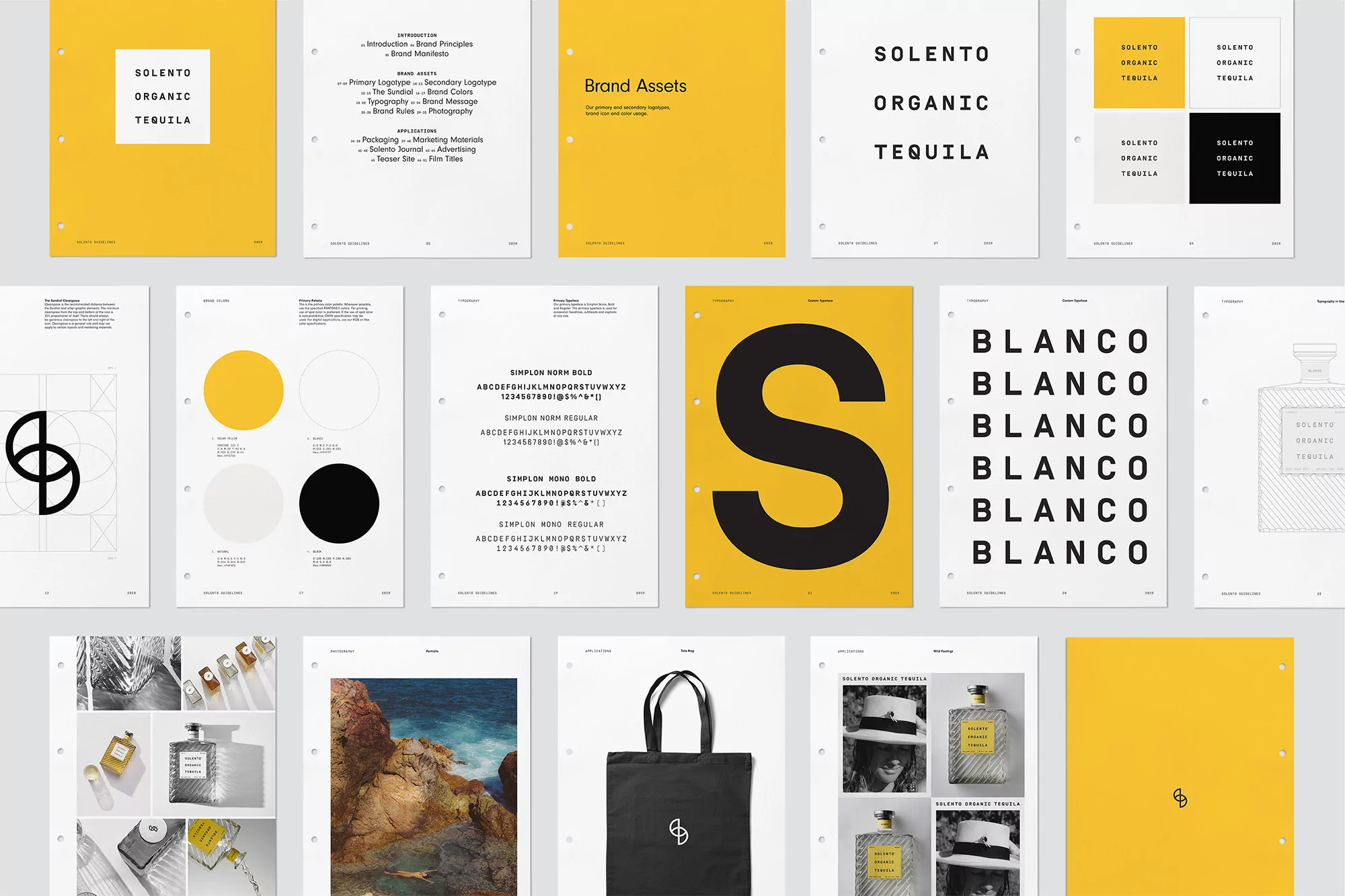 Brand book pages for Solento Organic Tequila showcase logo, typography, and brand assets with a clean, minimalist aesthetic.
