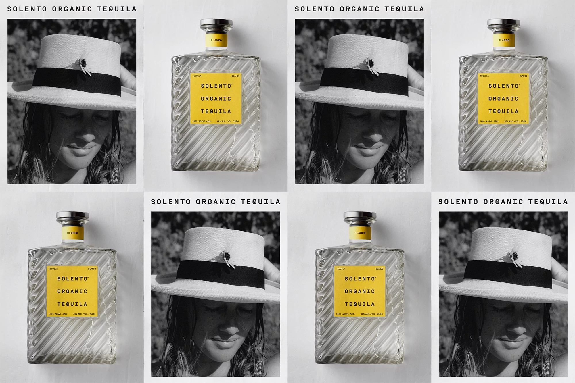 Monochromatic product shot showcasing Solento Organic Tequila bottles with a woman in a sunhat, offering a blend of fashion and beverage appeal.