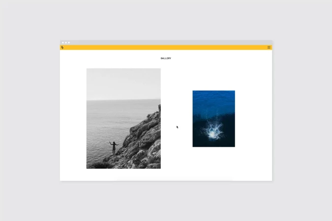 Website featuring black and white photography of a person standing on a cliff overlooking the ocean, alongside an image of a splash in blue water.