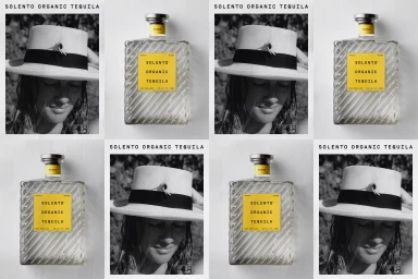 A multi-panel image featuring Solento Organic Tequila bottles next to a woman wearing a wide-brimmed hat.