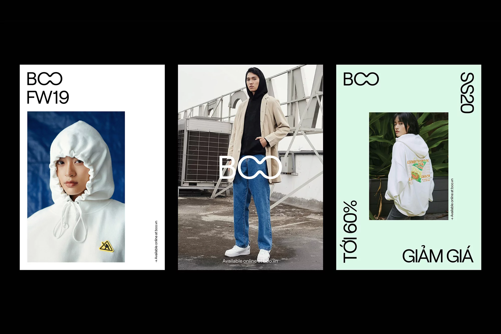 Fashion campaign featuring a young adult in a beige jacket and blue jeans, a hooded sweatshirt, and modern typography and design.