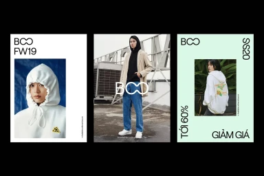 Three-panel promotional graphic for BOO featuring fashion models wearing hoodies and outerwear against various backgrounds.