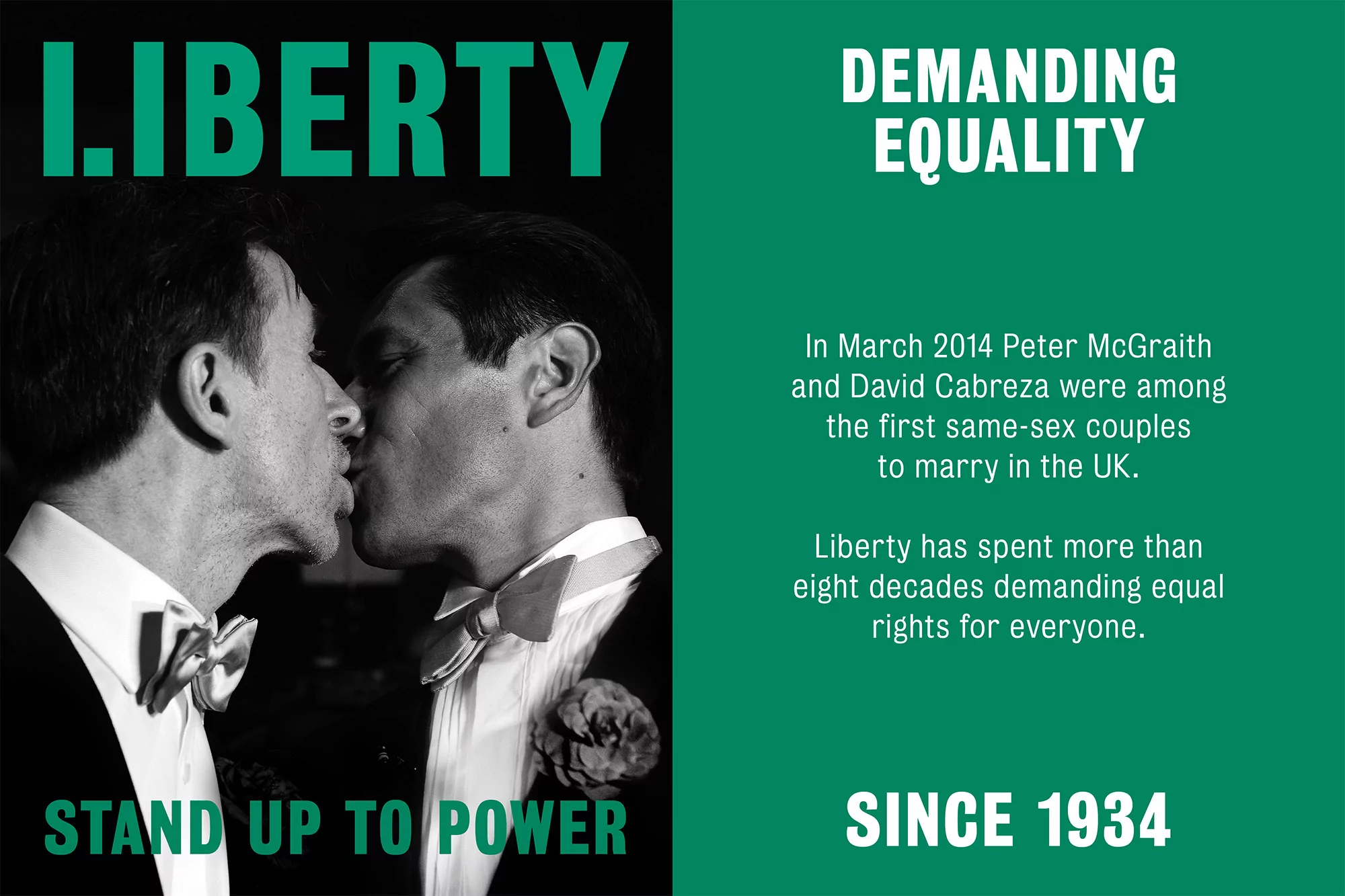 Black and white image of two men in tuxedos kissing against a dark background with overlaid green text promoting equality and liberty.
