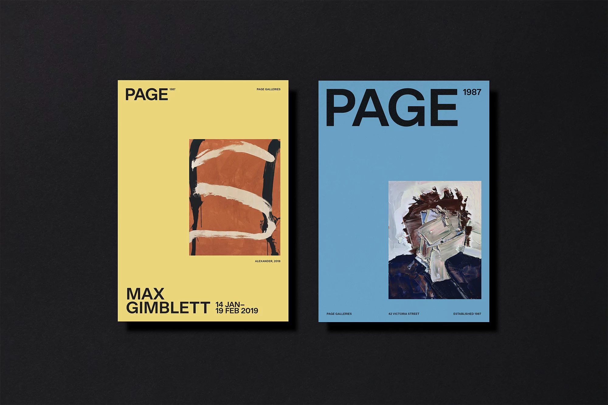 Two art posters in black background showcase abstract art and portrait. The yellow and blue posters feature text 'PAGE' and exhibition details.