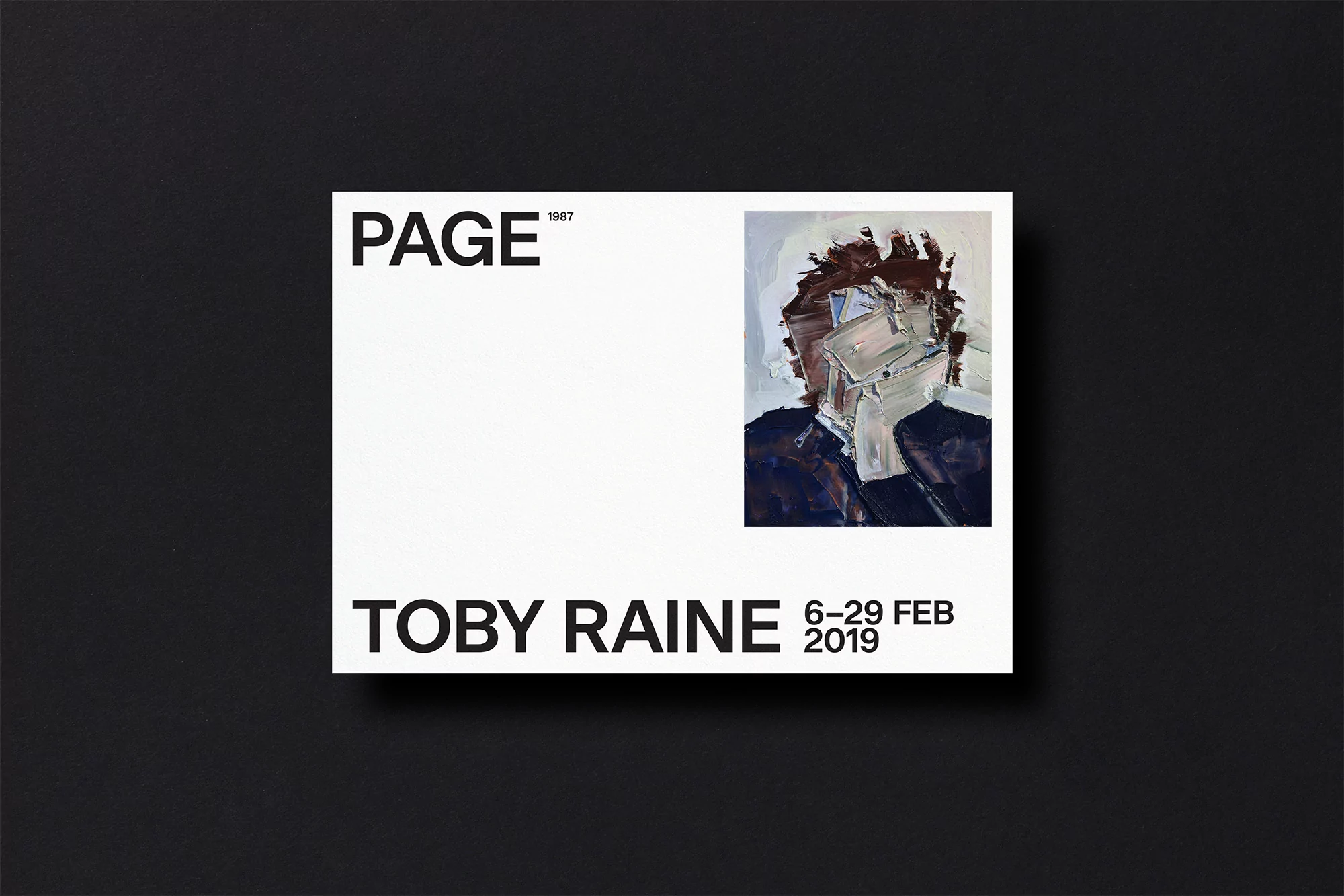 Exhibition advertisement featuring an abstract portrait painting on a white card against a solid black background, with exhibition details.