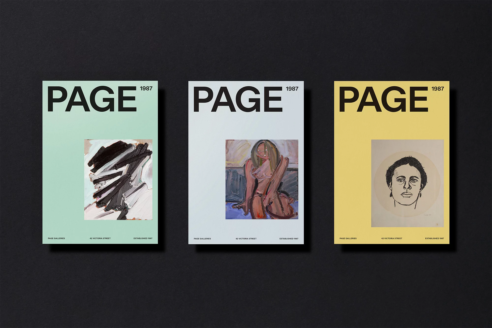 Three art magazine covers featuring abstract, portrait, and figurative paintings, set against a dark grey background. Bold, modern design.
