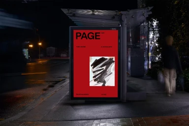 Illuminated bus shelter poster for PAGE displaying red background, black typography, and an abstract artwork
