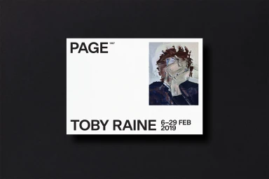 Exhibition poster for Page featuring minimalist typography and an abstract portrait painting against a dark background