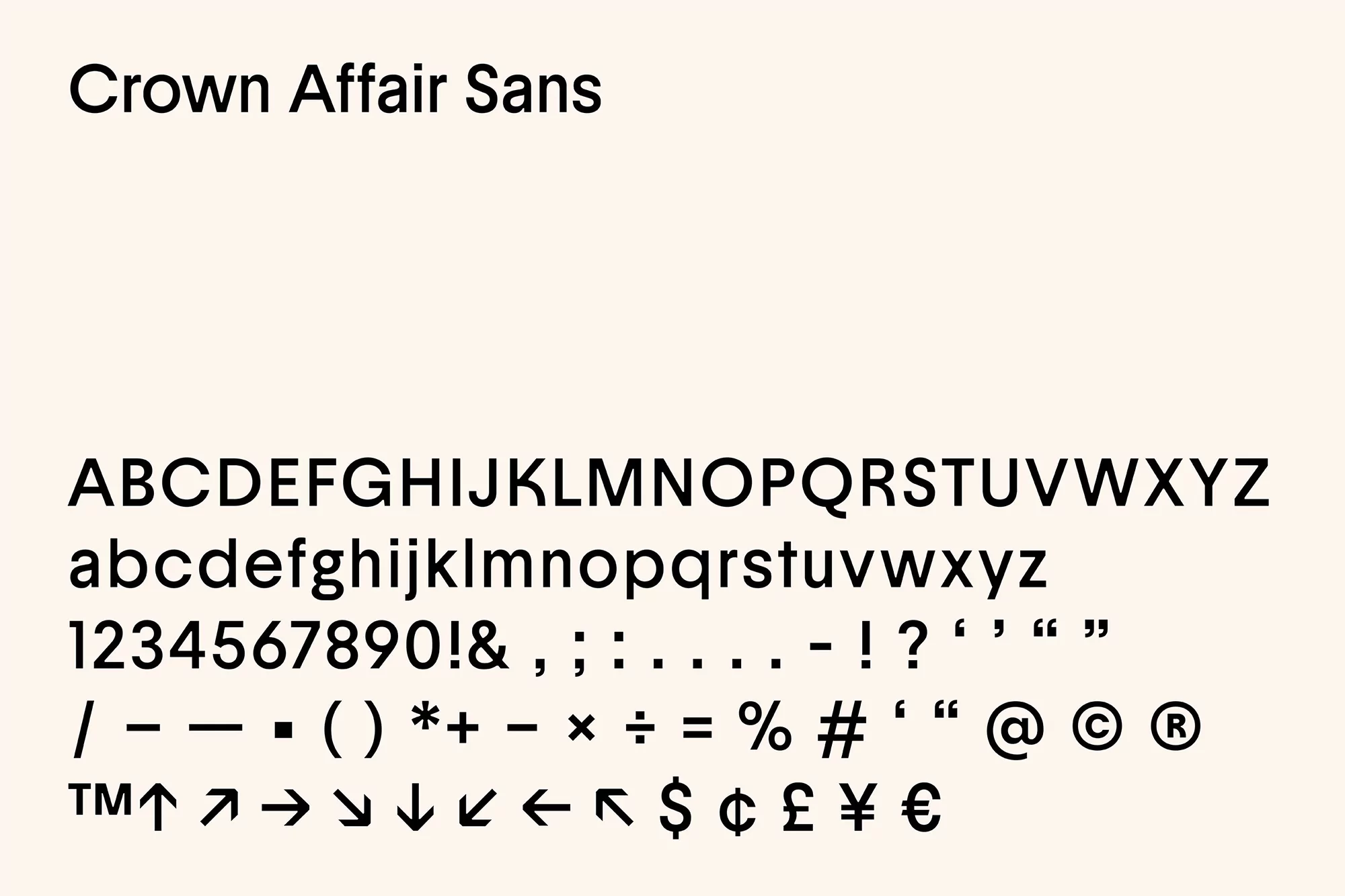 Typography showcase of Crown Affair Sans font. Uppercase, lowercase letters, numbers, and symbols are displayed in black on beige.