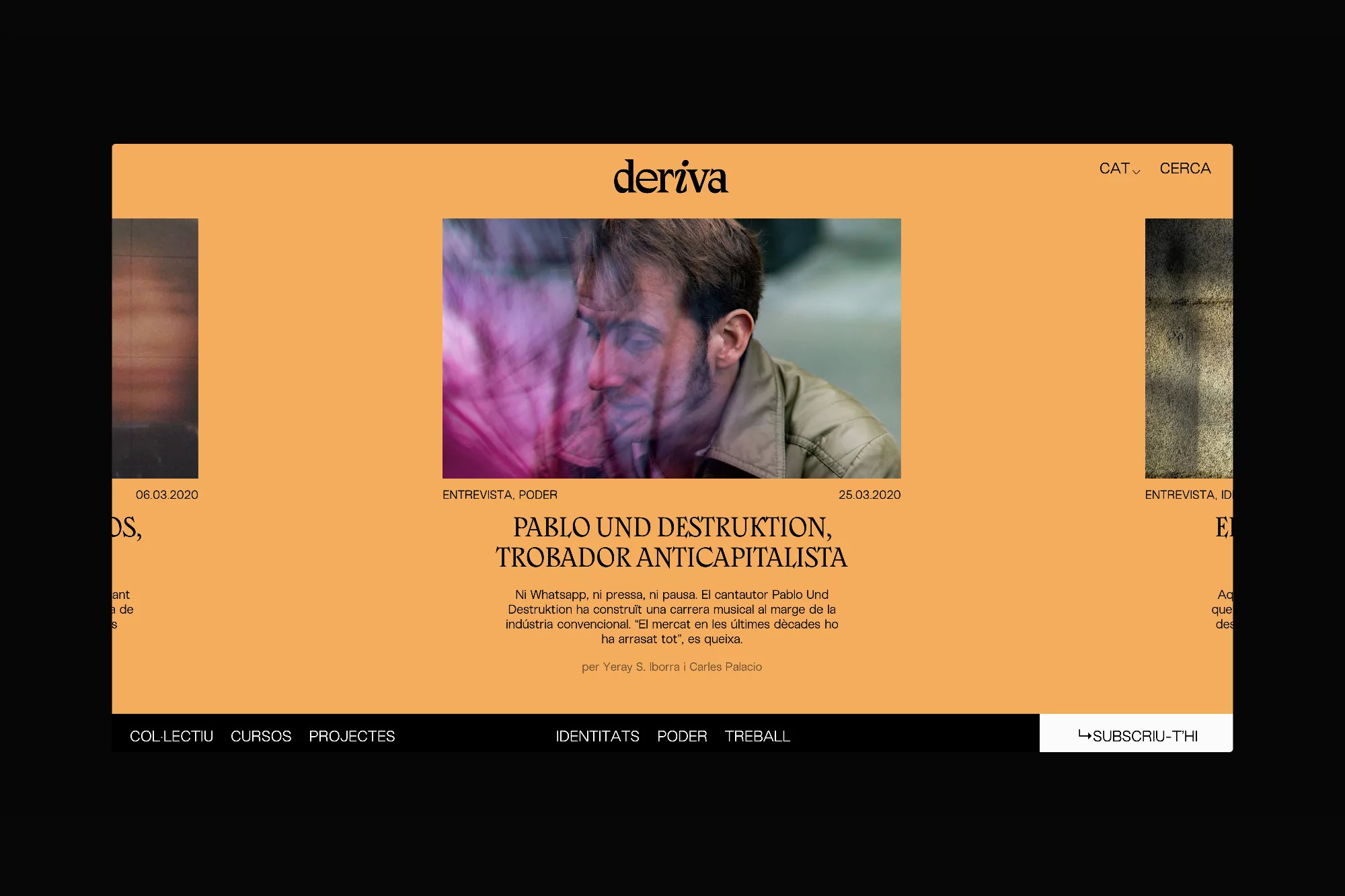Website featuring a man's portrait with overlaid design, text, and navigation links on a tan background, displayed in a dark setting.